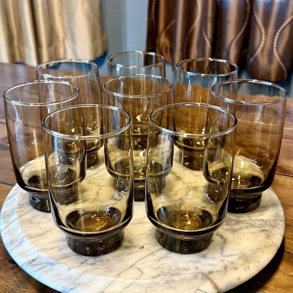 8pc VTG 60s MCM Libbey Glasses Tawny Smoke Brown Glass Tumblers 5.5"